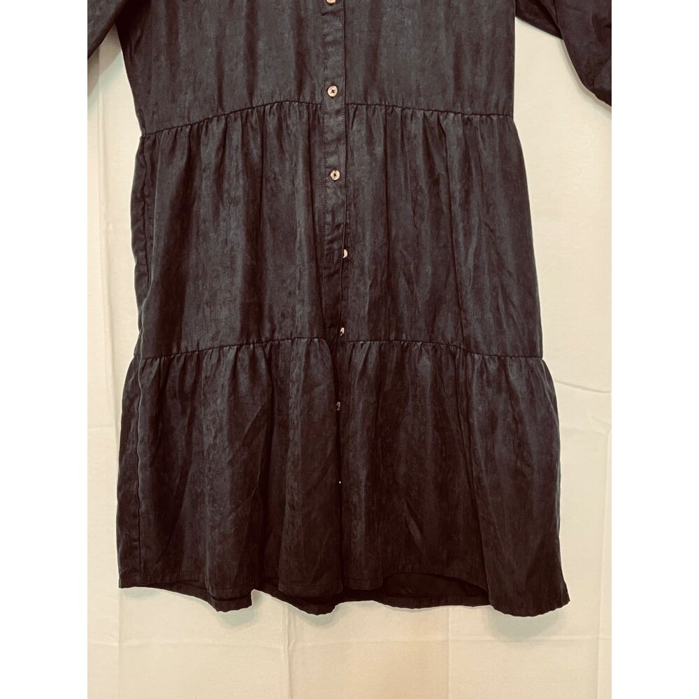 XL Black Midi Button-Up Dress Rolled Sleeves Pockets Millennium Casual Boho - Picture 9 of 16